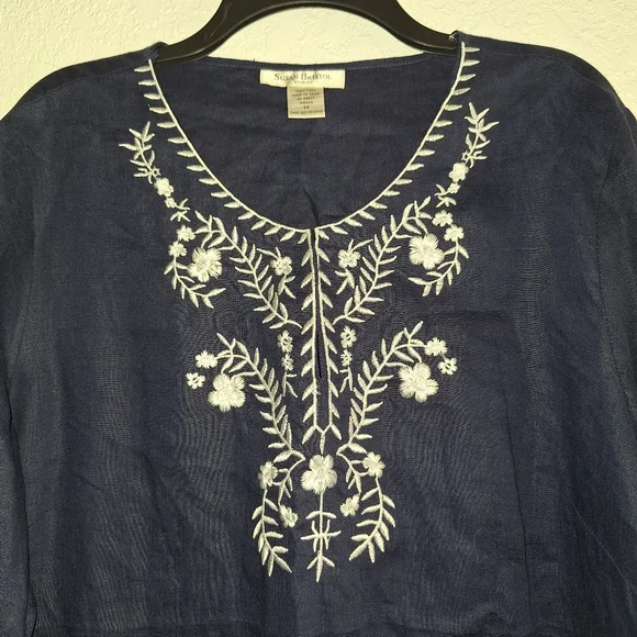 SUSAN BRISTOL Embroidered Neck Tunic Top Women's 1X Blue 100% Linen Minimalist - Picture 3 of 9